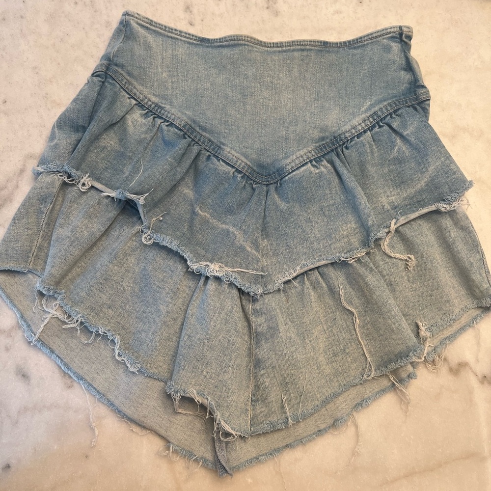 REVOLVE (MOTHER) Denim ruffle Distressed skirt